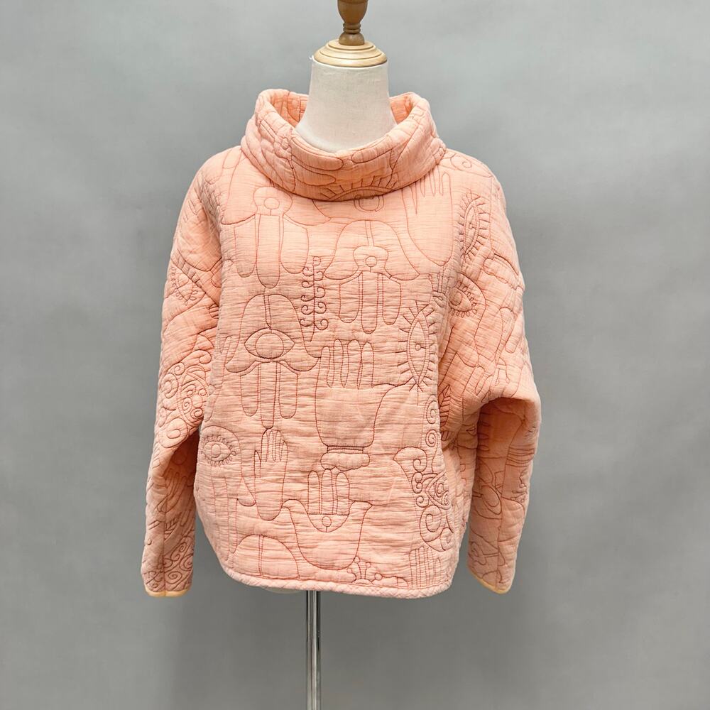 Oscilatey Quilt Funnel Neck Orange Pullover‎ with Hasma/Evil Eye Size Medium